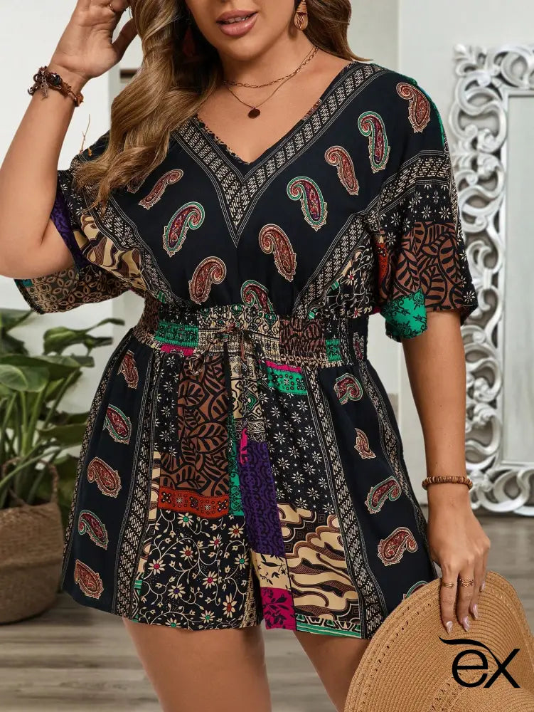 Macacão Paisley Com Cintura Elástica Franzida Isadora. Plus Size