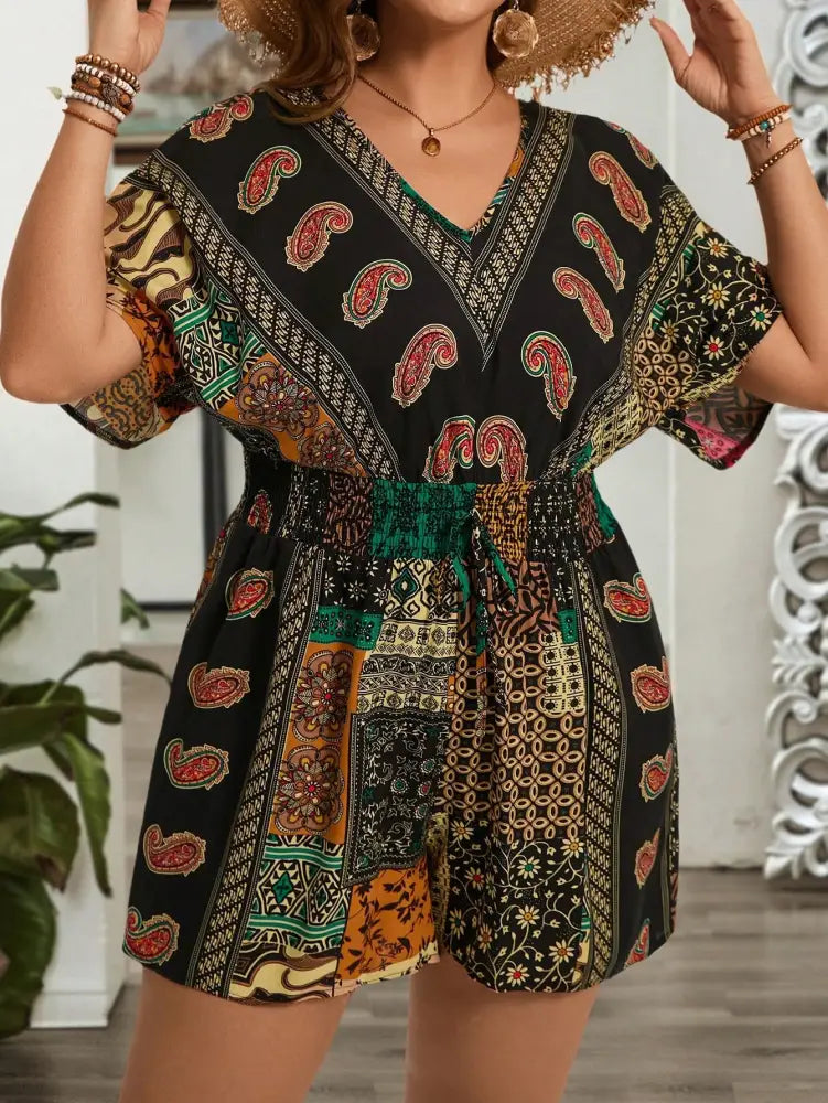 Macacão Paisley Com Cintura Elástica Franzida Isadora. Plus Size Macacões Size