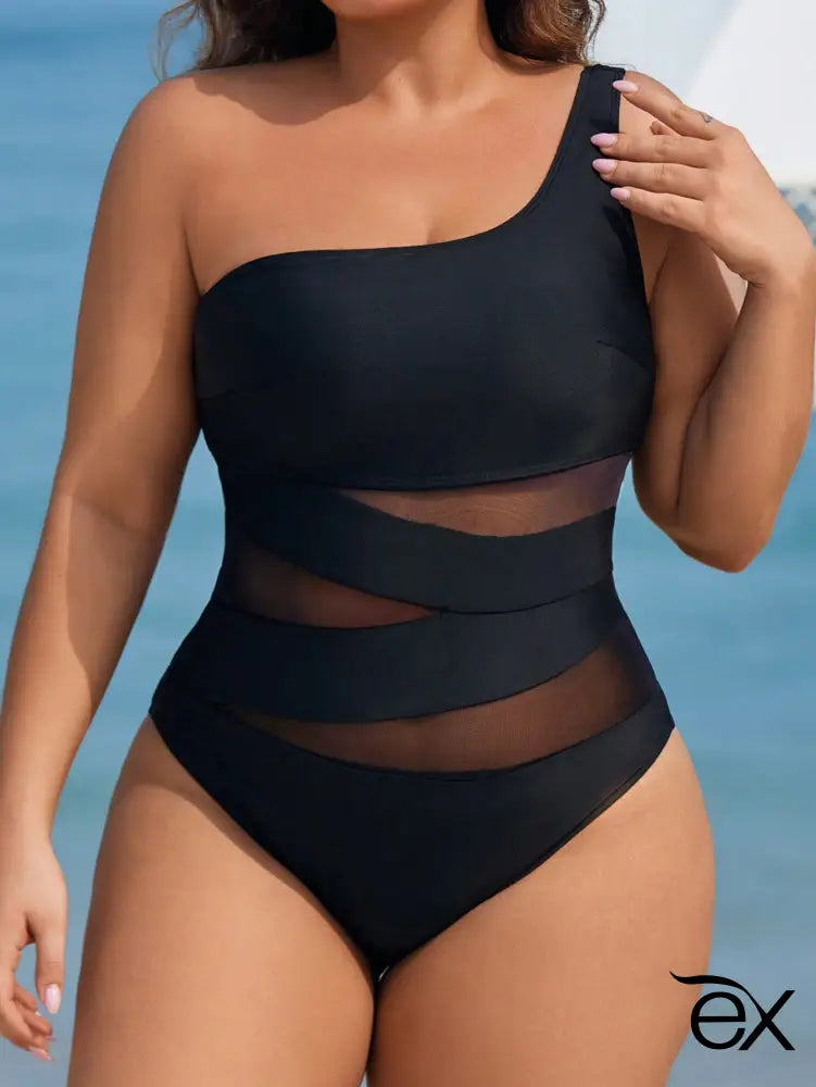 Maiô de Um Ombro Só com Detalhes em Tule Transparente Lani. Plus Size