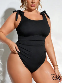 Maiô Preto Com Alças De Amarração E Tecido Canelado Lorena. Plus Size / Gg (42-46) Uma Peça Size