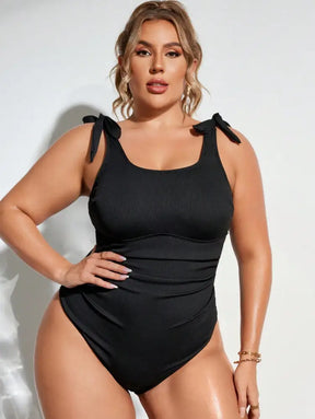 Maiô Preto Com Alças De Amarração E Tecido Canelado Lorena. Plus Size Uma Peça Size