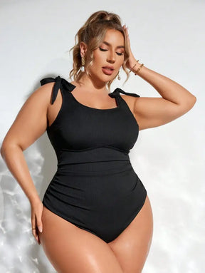 Maiô Preto Com Alças De Amarração E Tecido Canelado Lorena. Plus Size Uma Peça Size