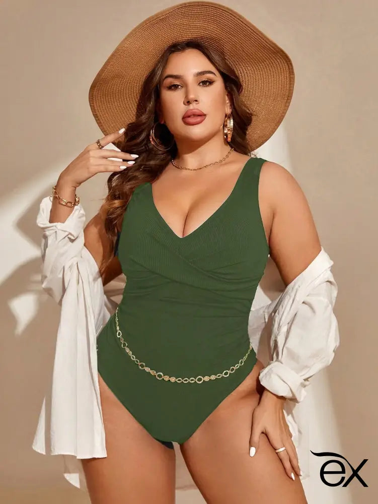 Maiô Preto Com Detalhe Drapeado E Decote Em V Júlia. Plus Size Verde / Gg (42-46) Uma Peça