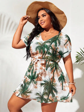 Saida De Praia Cobertura Com Estampa Tropical E Cinto Elouise. Plus Size Encobrimentos Plus Size