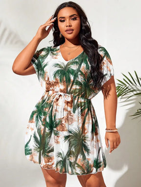 Saida De Praia Cobertura Com Estampa Tropical E Cinto Elouise. Plus Size Encobrimentos Plus Size