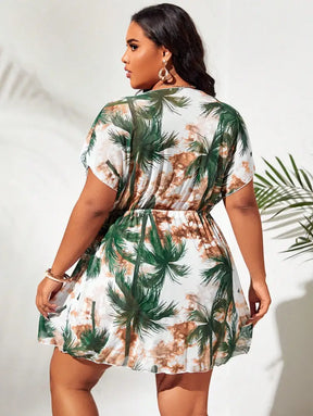 Saida De Praia Cobertura Com Estampa Tropical E Cinto Elouise. Plus Size Encobrimentos Plus Size