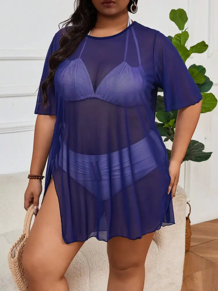 Saida De Praia Cobertura Com Fenda Lateral E Gola Redonda Waverly. Plus Size Encobrimentos Plus Size