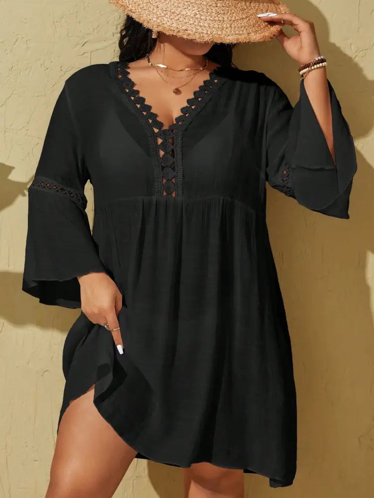 Saída De Praia Com Babados E Mangas Sino Alessia. Plus Size Preto / Gg (42-46) Encobrimentos Plus