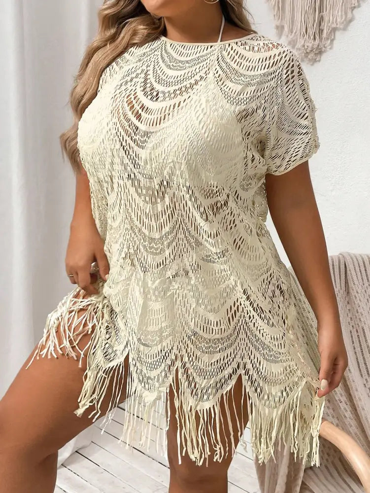 Saida De Praia Com Cobertura Bainha Franja E Decote U Evalyn. Plus Size Bege / Gg (42-46)