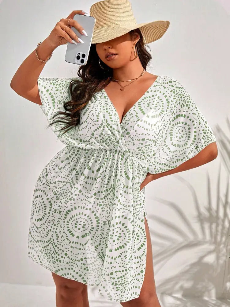 Saída De Praia Com Estampa Total Zora. Plus Size Verde Oliva / Gg (42-46) Encobrimentos Plus Size