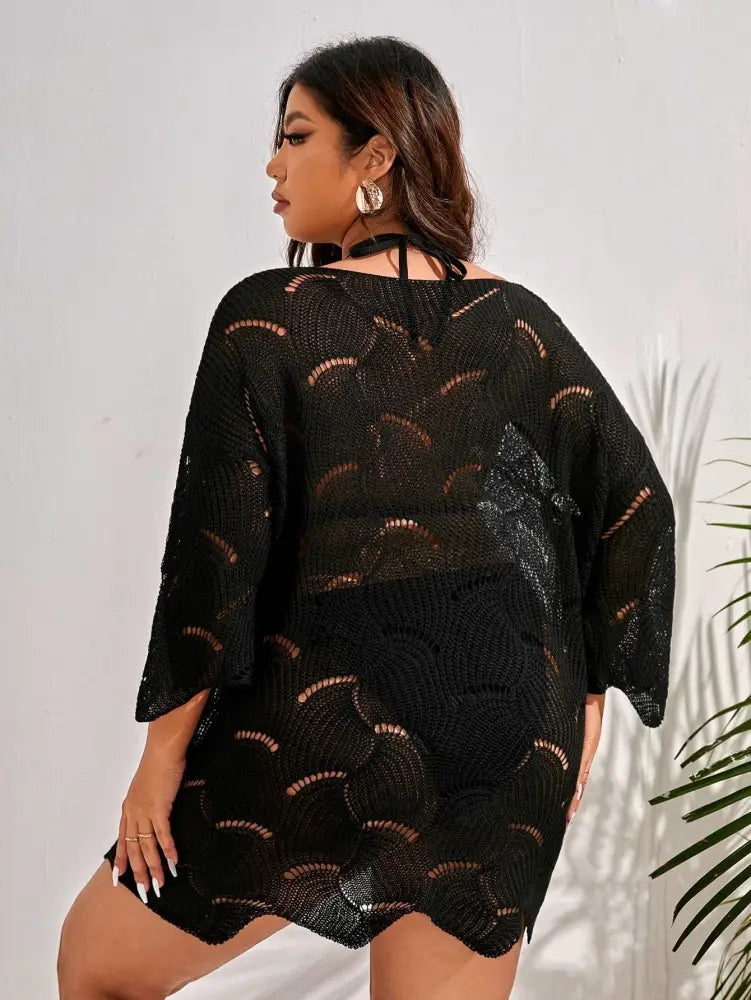 Saída De Praia Com Manga Longa E Design Transparente Rainelis. Plus Size Encobrimentos Plus Size