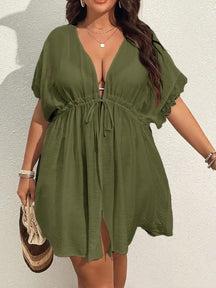 Saida De Praia Curto Com Manga Morcego E Cordão Ajustável Julimar. Plus Size Verde Militar / Gg