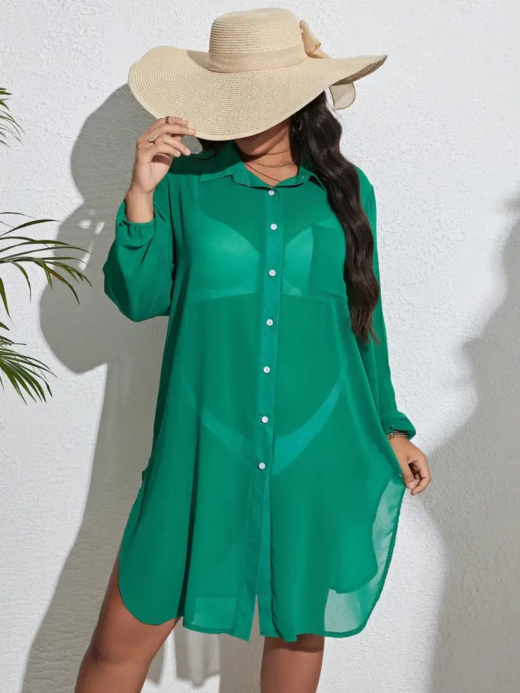 Saida De Praia Transparente Com Bainha Dividida E Botões Frontais Madi. Plus Size Verde / Gg