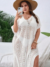 Vestido De Praia Tricotado Com Decote V E Fenda Lateral Sidney. Plus Size Branco / Gg (42-46)