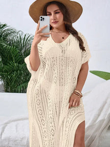 Vestido De Praia Tricotado Com Decote V E Fenda Lateral Sidney. Plus Size Damasco / Gg (42-46)