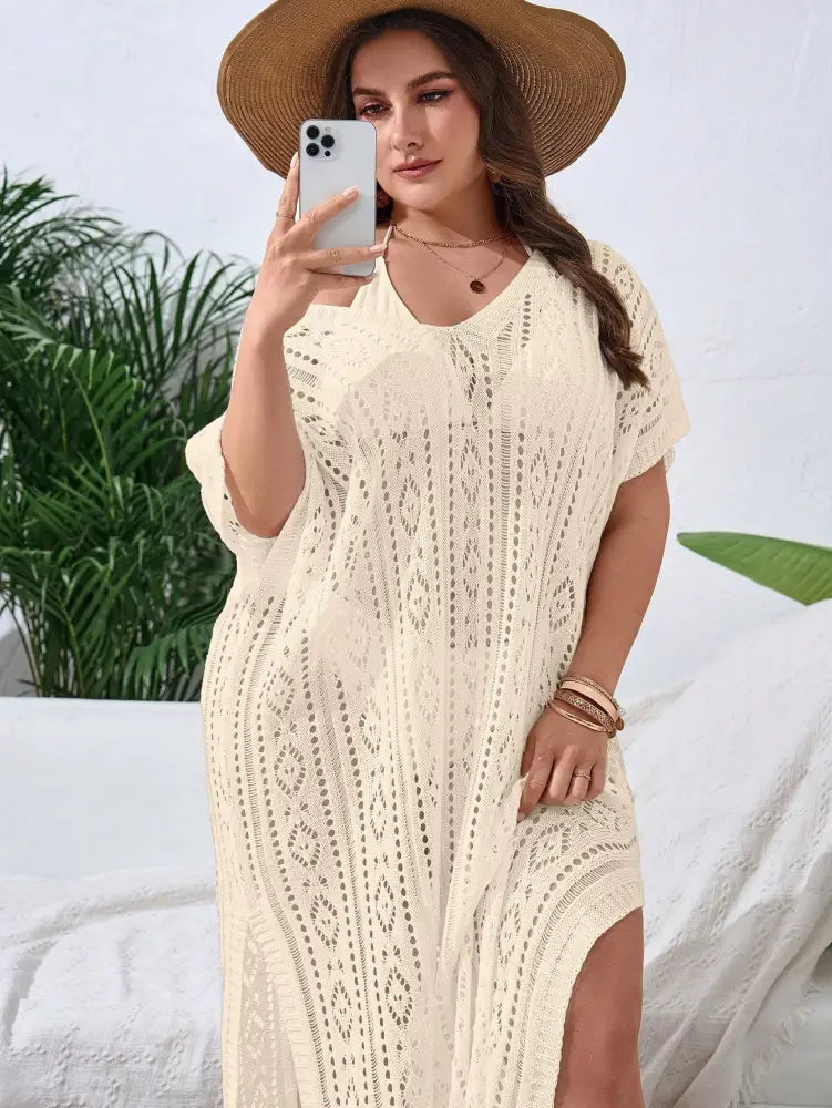 Vestido De Praia Tricotado Com Decote V E Fenda Lateral Sidney. Plus Size Damasco / Gg (42-46)