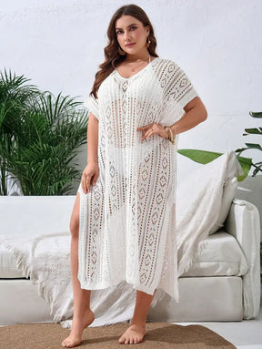 Vestido De Praia Tricotado Com Decote V E Fenda Lateral Sidney. Plus Size Encobrimentos Plus Size