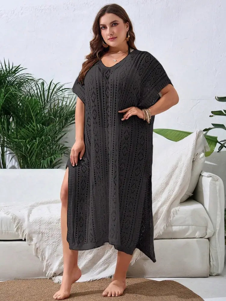 Vestido De Praia Tricotado Com Decote V E Fenda Lateral Sidney. Plus Size Encobrimentos Plus Size