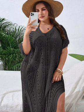 Vestido De Praia Tricotado Com Decote V E Fenda Lateral Sidney. Plus Size Preto / Gg (42-46)