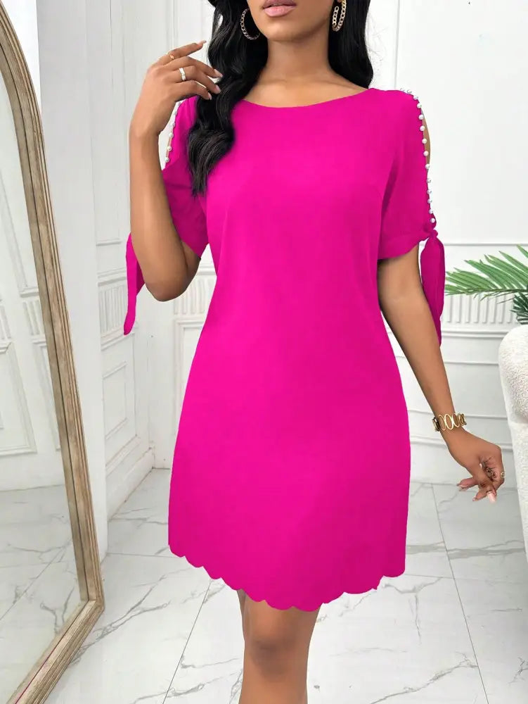 Vestido Elegante Com Mangas Vazadas E Barra Ondulada Fia. Plus Size Fuscia / Gg (42-46) Vestidos