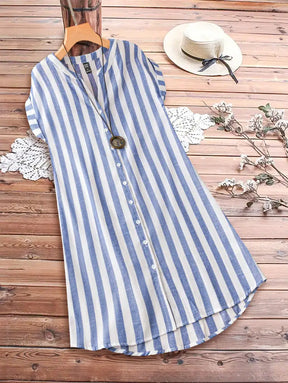 Vestido Listrado Estilo Camisa Com Manga Curta E Botões Frontais Ava Vestidos Midi Femininos