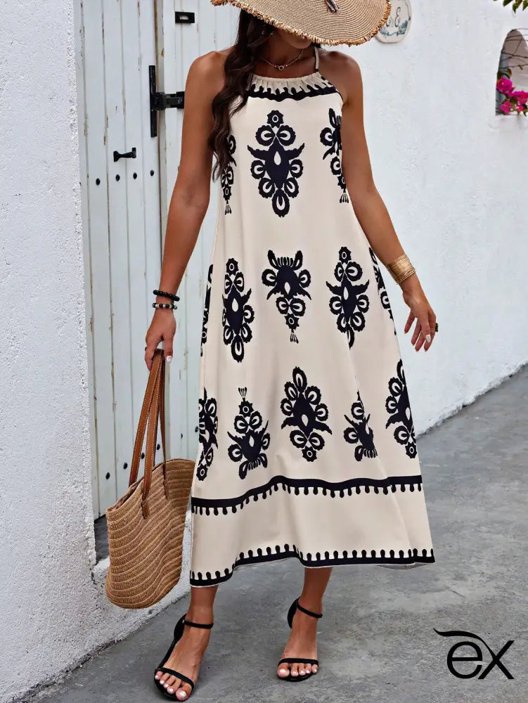 Vestido Longo com Estampa Étnica Branca e Decote Halter Alaia