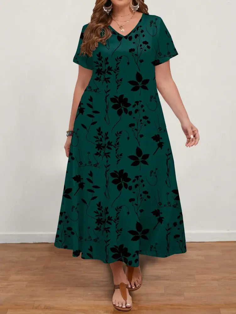 Vestido Longo Com Estampa Floral E Decote Em V Ginny. Plus Size Verde Escuro / Gg (42-46) Vestidos