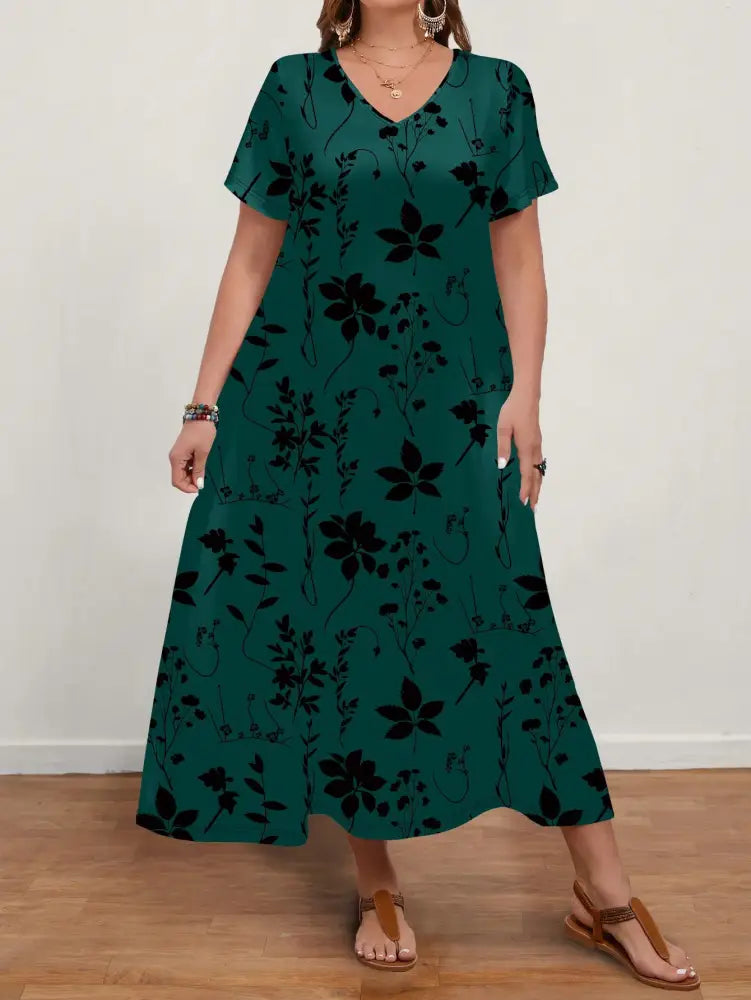 Vestido Longo Com Estampa Floral E Decote Em V Ginny. Plus Size Vestidos Size