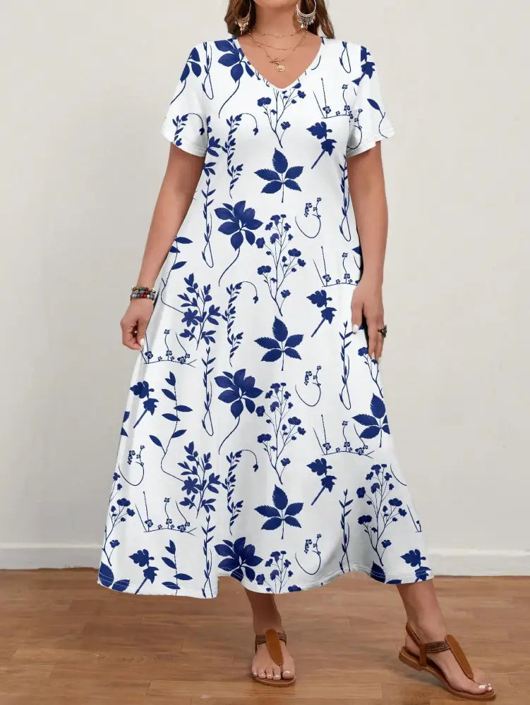 Vestido Longo Com Estampa Floral E Decote Em V Ginny. Plus Size Vestidos Size