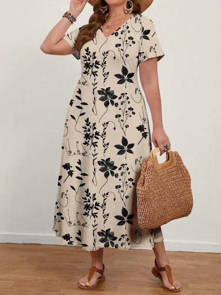 Vestido Longo Com Estampa Floral E Decote Em V Ginny. Plus Size Vestidos Size