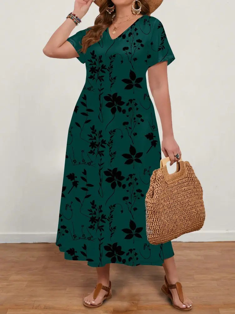 Vestido Longo Com Estampa Floral E Decote Em V Ginny. Plus Size Vestidos Size