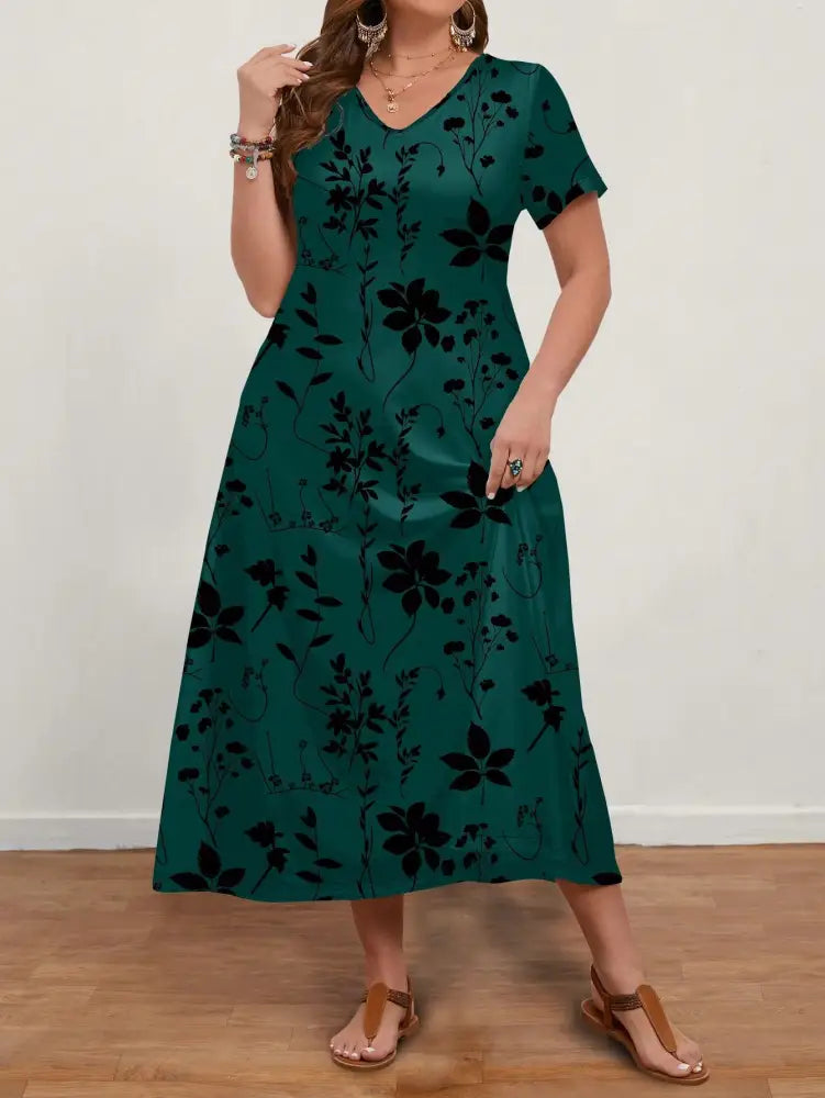 Vestido Longo Com Estampa Floral E Decote Em V Ginny. Plus Size Vestidos Size