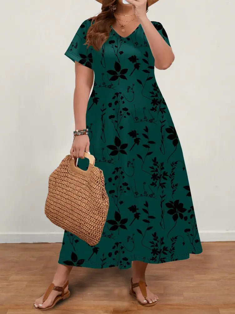 Vestido Longo Com Estampa Floral E Decote Em V Ginny. Plus Size Vestidos Size