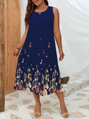 Vestido Midi Com Barra Floral E Decote Redondo Karol. Plus Size Azul Marinho / Gg (42-46) Vestidos