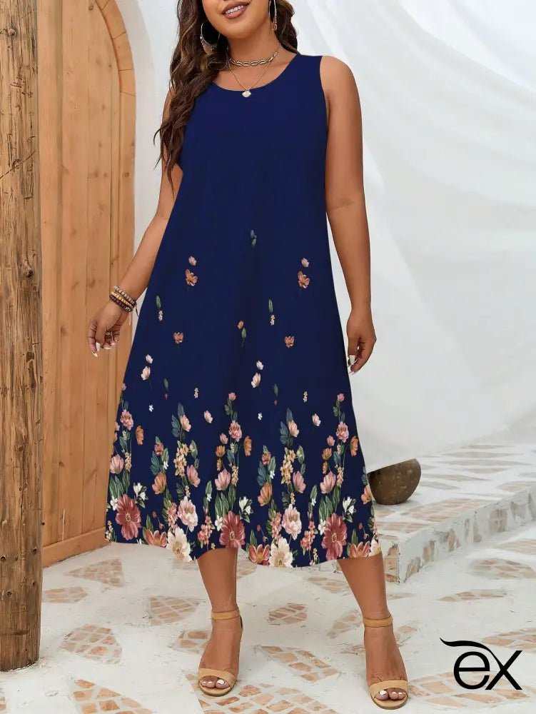 Vestido Midi com Barra Floral e Decote Redondo Karol. Plus Size