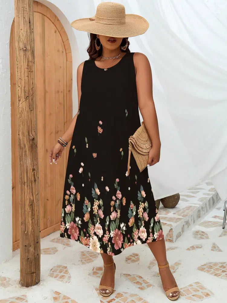 Vestido Midi Com Barra Floral E Decote Redondo Karol. Plus Size Vestidos Size