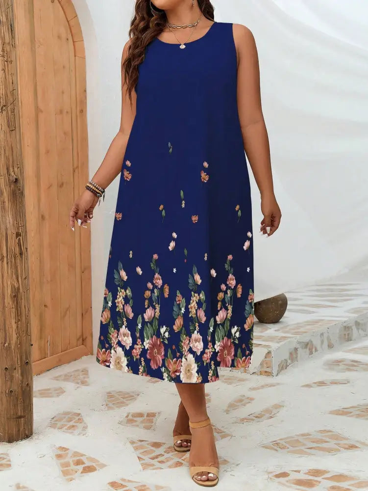 Vestido Midi Com Barra Floral E Decote Redondo Karol. Plus Size Vestidos Size