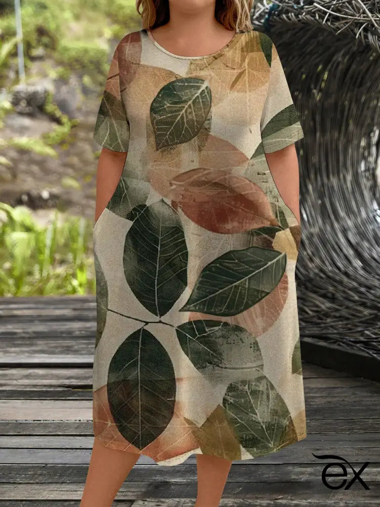 Vestido Midi com Estampa de Folhas em Tons Naturais Luna. Plus Size